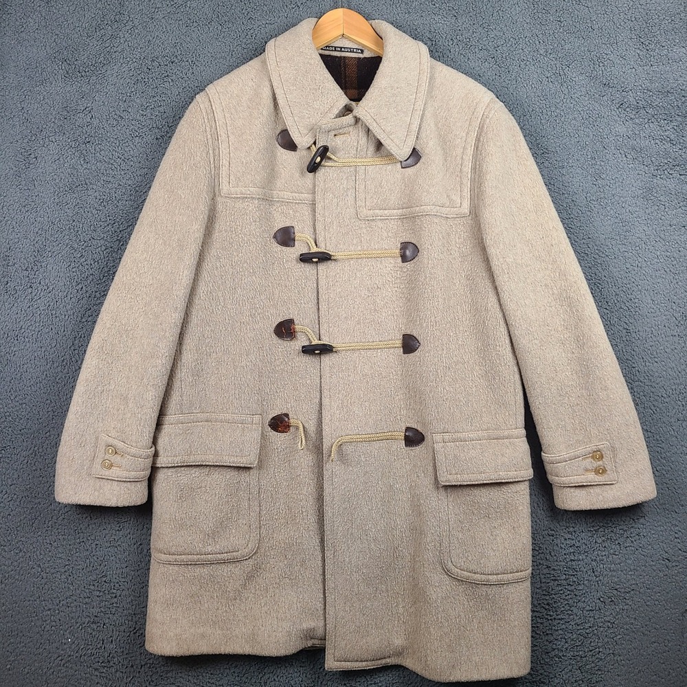 Lodenfrey Mens Wool Duffle Coat Beige Toggle Plaid Lined Made in Austria 46